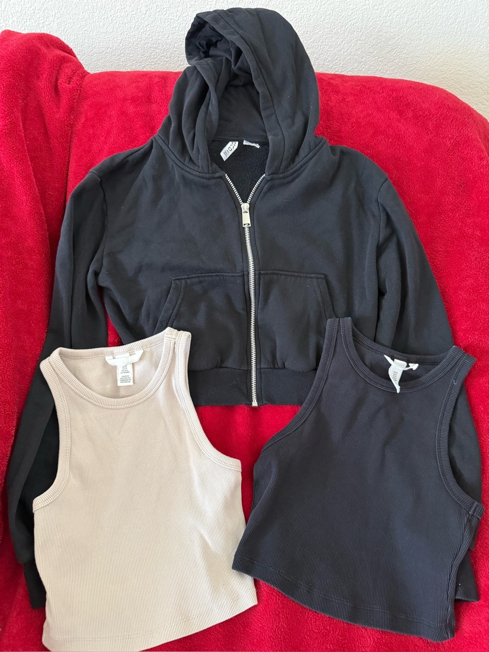 Lot of H & M Cropped Black Zip Hoodie, Black and Cream Cropped Ribbed Tank Tops